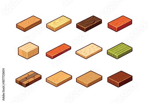 Colorful Wood Icons. Wood types. Colorful isometric vector icons set of wood types: oak plank, pine board, walnut slab, cherry piece, maple block, cedar slat,
