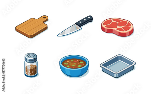 BBQ Prep Icons. BBQ cooking prep. Isometric flat vector icons set of BBQ cooking prep: cutting board, chef knife, raw steak, seasoning shaker, marinade bowl,