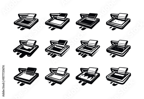 Screen Press Logo Variations. artwork with a screen press. Icon set. Set Logo of artwork with a screen press: stencil on fabric. harmonious logo variations of