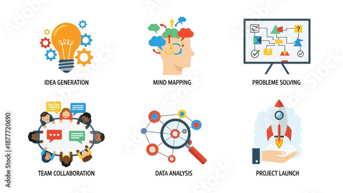 Business Strategy and Development Icons: Idea, Mind Map, Problem Solving, Teamwork