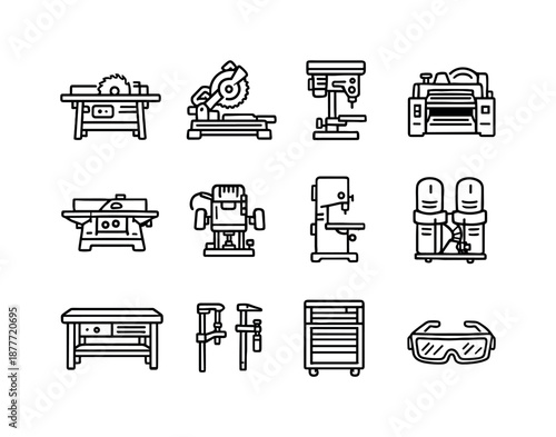 Woodshop Tools Icons. Woodshop tools. Line icon set of Woodshop tools: table saw, miter saw, drill press, planer, jointer, router, band saw, dust collector,
