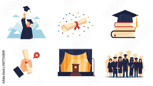 Graduation Celebration Icons: Cap Toss, Diploma, Books, Stage, and Students