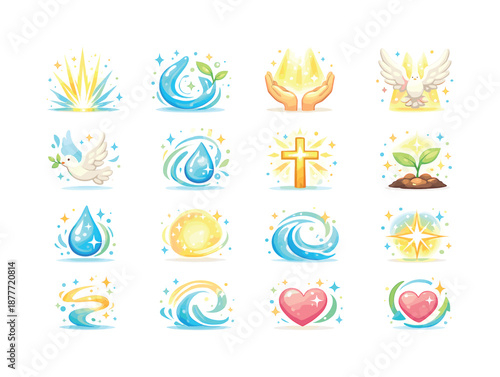 Spiritual Rebirth Icons. Spiritual rebirth. Colorful flat vector icons set of spiritual rebirth: rising light ray, water renewal symbol, open hands receiving