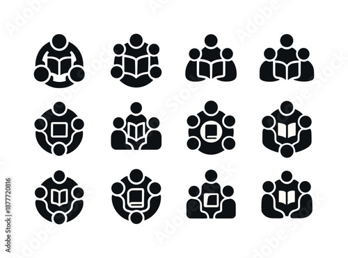 Group Study Icons. Group study sessions. Icon set. Set Logo of Group study sessions: Circular notebook arrangement: Abstract geometric, Stylized detail,