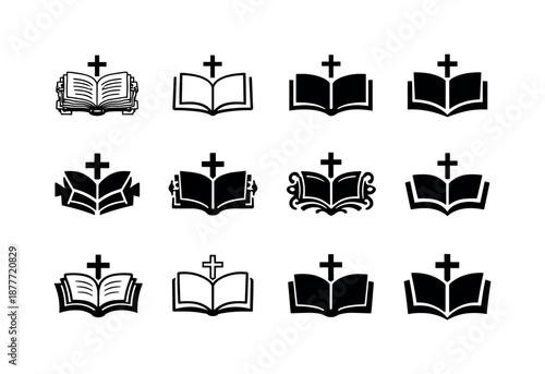 Theology Book Logos. theology books. Icon set. Set Logo of theology books: ancient manuscript codex. harmonious logo variations of the same emblematic concept,