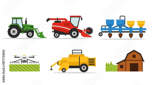 Modern Farming Equipment Collection: Tractor, Harvester, Drone, Barn