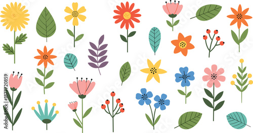 Colorful Hand-Drawn Floral Vector Elements for Spring, Botanical, and Decorative Flat Designs