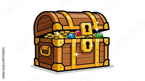 Open Treasure Chest Full of Gold Coins and Jewels, Cartoon Style