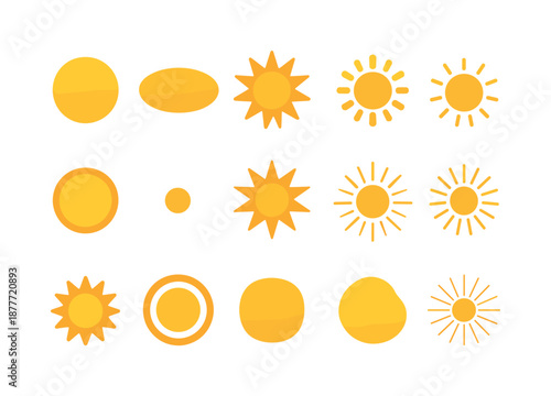 Sun Icon Collection. Sun Shapes. Colorful flat vector icons set of Sun Shapes: circular sun, oval sun, pointed ray sun, soft-ray sun, halo sun disc, tiny sun