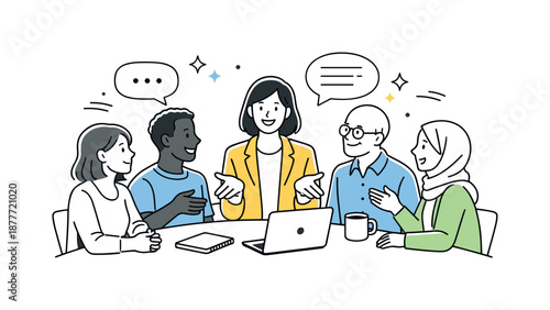 Empathic Leadership Discussion. Inclusive leadership. Female manager listening to team members and encouraging open discussion around a table. Friendly