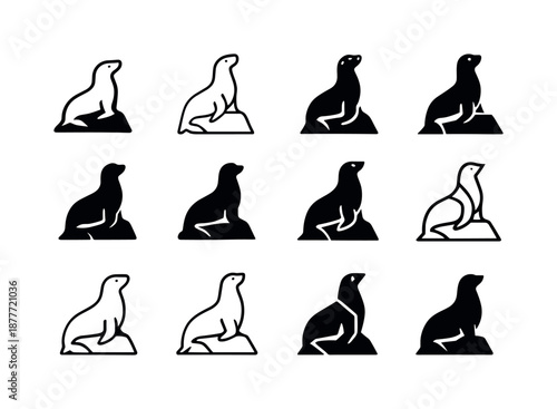 Marine Mammal Icons. Marine mammals. Icon set. Set Logo of Marine mammals: sea lion perched on rock. harmonious logo variations of the same emblematic concept,