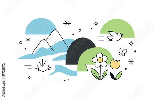 Seasonal Transition Abstraction. Modern seasonal abstraction. Clean geometric shapes layered lightly to suggest the passage from winter to spring. Minimal