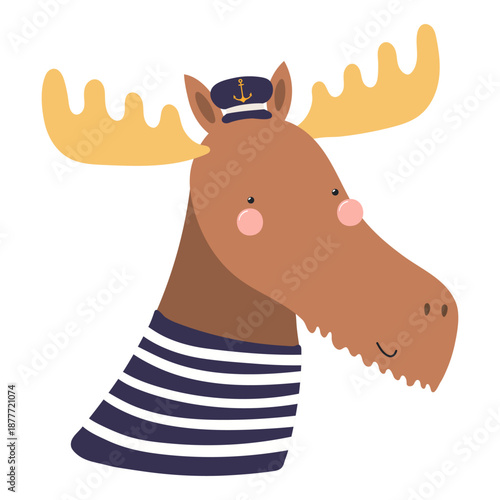 Cute little moose sailor, captain isolated on transparent. Kawaii cartoon character. Hand drawn flat vector illustration. Kids nautical design element, clip art, fashion print, poster, wall art