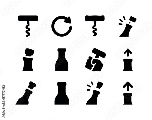 Corkscrew Icon Set. Bottle opening. Solid icon set of bottle opening: corkscrew spiral, twisting motion icon, cork extraction symbol, bottle neck, open bottle