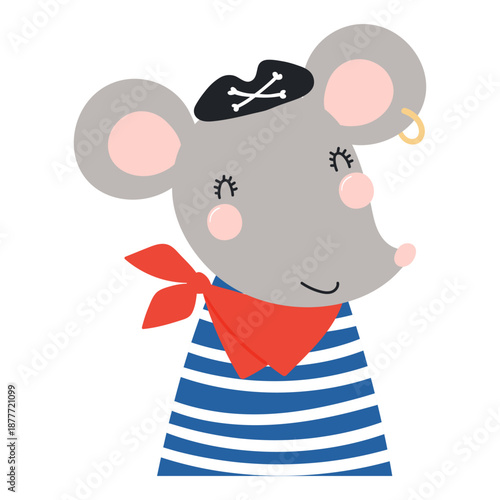 Cute little mouse pirate isolated on transparent. Kawaii cartoon character. Hand drawn flat vector illustration. Kids nautical design element, clip art, fashion print, poster, wall art