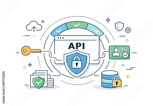 Secure API Connections. Secure API access control. Abstract scene showing protected connections, keys, and permission layers around an API system. Sense of