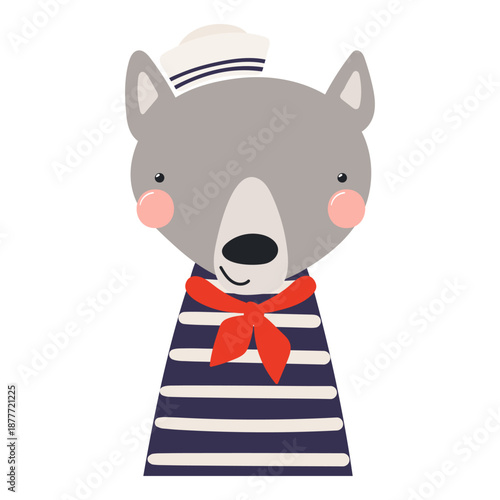 Cute little wolf, dog sailor isolated on transparent. Kawaii cartoon character. Hand drawn flat vector illustration. Kids nautical design element, clip art, fashion print, poster, wall art