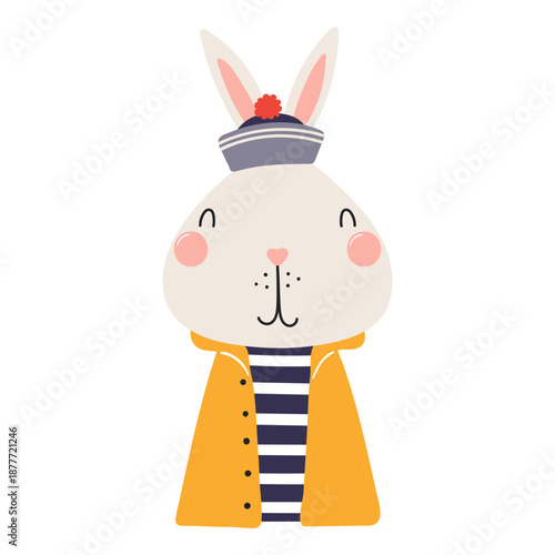 Cute little bunny, rabbit sailor isolated on transparent. Kawaii cartoon character. Hand drawn flat vector illustration. Kids nautical design element, clip art, fashion print, poster, wall art