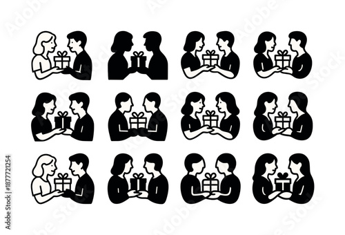 Gift Exchange Icons. happy couple exchanging thoughtful gifts. Icon set. Set Logo of happy couple exchanging thoughtful gifts: couple silhouette with gifts.