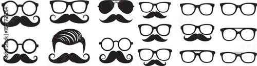 Black silhouette glasses and mustache set. Classic eyewear and facial hair vector icons.eps