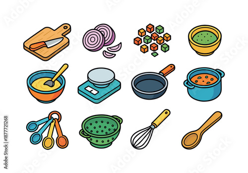 Colorful Kitchen Icon Set. Food preparation. Colorful isometric vector icons set of food preparation: chopping board, sliced onion, diced veggies, spice bowl,