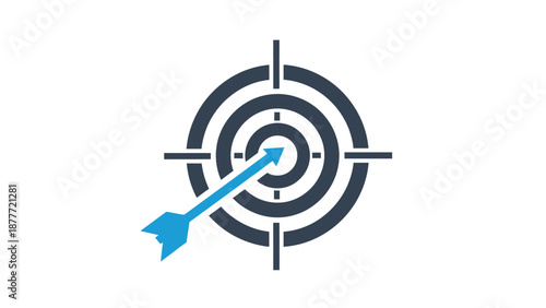 Blue arrow successfully hitting the center bullseye of a dark target icon representing goal achievement