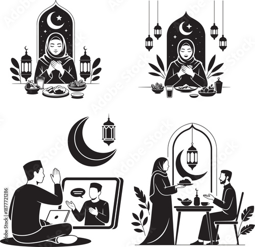 A woman in hijab praying with food and lanterns around her