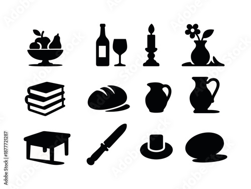 Iconic Still Life. Still life painting. Solid icon set of still life painting: fruit bowl, wine bottle, glass goblet, candle stick, draped cloth, flower vase,