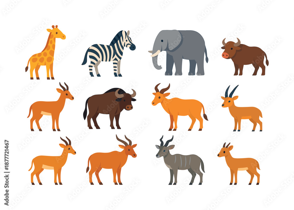 Naklejka premium Savanna Herbivore Icons. Herbivores of the savanna. Colorful flat vector icons set of herbivores of the savanna: giraffe, zebra, elephant, antelope,