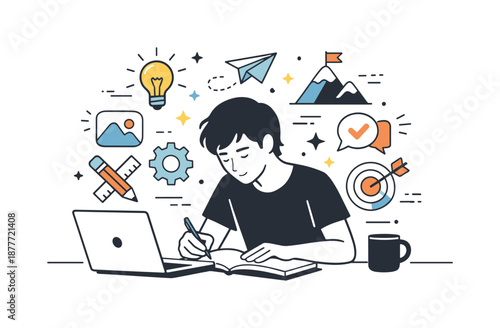 Creative Immersion. Creative flow state. Person deeply engaged in work as ideas appear as abstract icons around the head. Sense of immersion, clarity, and
