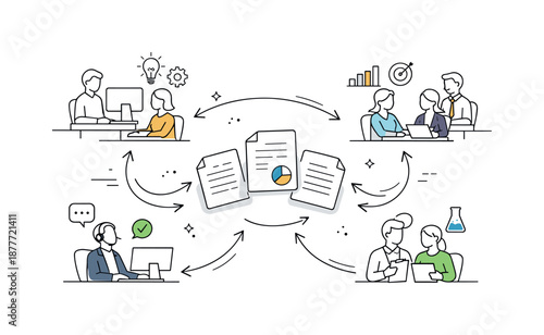 Fluid Information Exchange. Enterprise knowledge flow. Documents connecting teams across departments in an abstract office layout. Transparency and shared