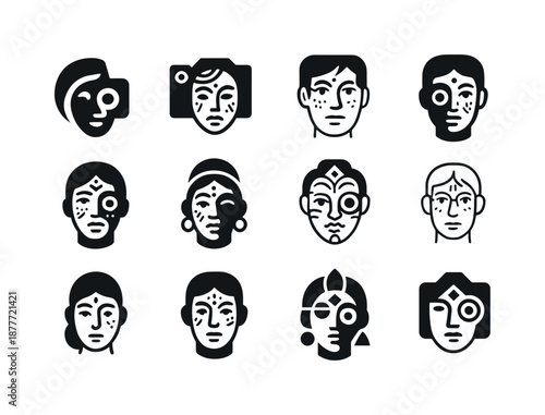 Cultural Portraits Icons. Travel photography and cultural portraits. Icon set. Set Logo of travel photography and cultural portraits: face with cultural marks.