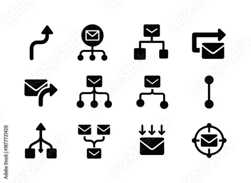 Email Routing Icons. Email routing. Solid icon set of email routing: branching arrows, routing node, path tree, delivery line, redirect arrow, smart routing