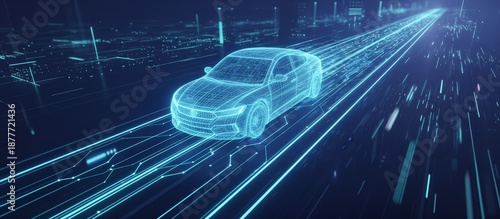 Autonomous vehicle represented by a glowing wireframe model driving on a digital highway, illustrating advanced artificial intelligence and sensor technology collecting real time data for navigation