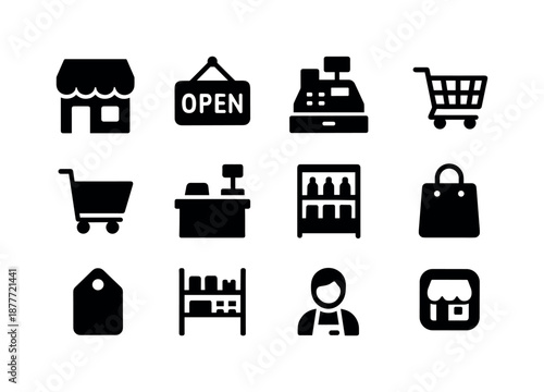 Black Store Icons. Store. Solid icon set of store: shopfront, open sign, cash register, shopping cart, checkout counter, product shelf, sale tag, store aisle,