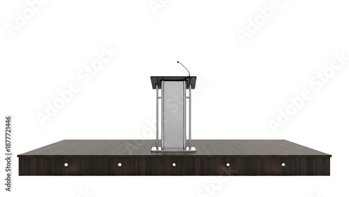 Modern podium on a dark wooden stage with microphone