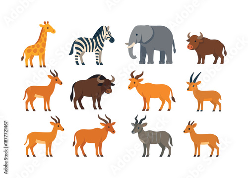 Savanna Herbivore Icons. Herbivores of the savanna. Colorful flat vector icons set of herbivores of the savanna: giraffe, zebra, elephant, antelope,