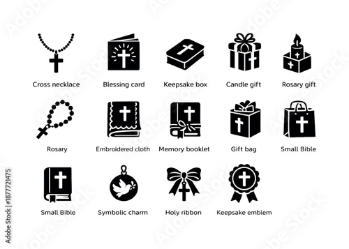 Baptism Gift Icons. Baptism gifts and tokens. Solid icon set of baptism gifts and tokens: cross necklace, blessing card, keepsake box, candle gift, rosary,