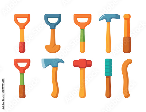 Colorful Farm Tool Handles. Farm tool handles. Colorful flat vector icons set of Farm tool handles: pitchfork handle, shovel handle, rake handle, hoe handle,
