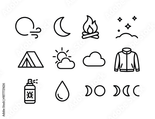 Outdoor Icon Set. Bonfires and outdoor gatherings. Line icon set of weather conditions: clear sky icon, evening breeze, crescent moon, campfire