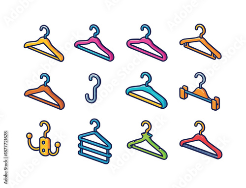 Colorful Hanger Icons. Hanger hook. Colorful isometric vector icons set of hanger hook: classic clothes hanger, swivel hook, velvet hanger, plastic hanger,