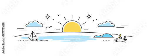 Light-Filled Horizon. Light-filled days. Abstract scene with sun, sky, and horizon expanded horizontally to suggest extra daylight. Gentle, airy feeling of