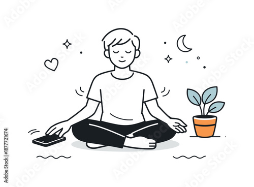 Mindful Digital Detox. Digital detox concept. A person placing a smartphone aside while focusing on breathing. Sense of calm and intentional pause, soft