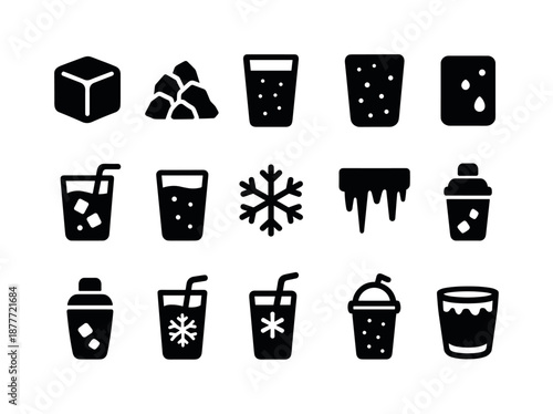 Iced Drinks Icons. Iced drinks. Solid icon set of iced drinks: ice cube, crushed ice, frosty glass, condensation icon, chilled drink, snowflake symbol, icy