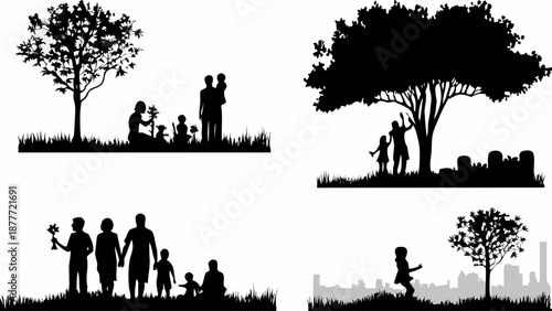Family silhouettes enjoying quality time in park and city