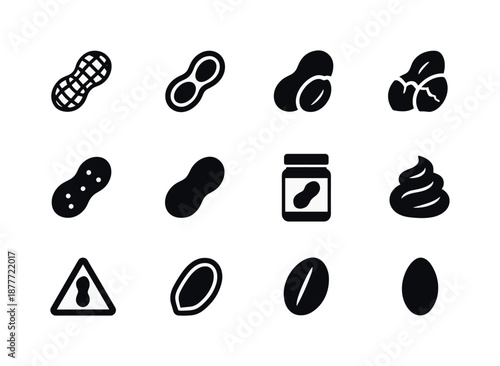 Peanut Icons Set. Peanut icons. Solid icon set of peanut icons: whole peanut, split shell, peanut pod, cracked shell, roasted peanut, salted peanut, peanut