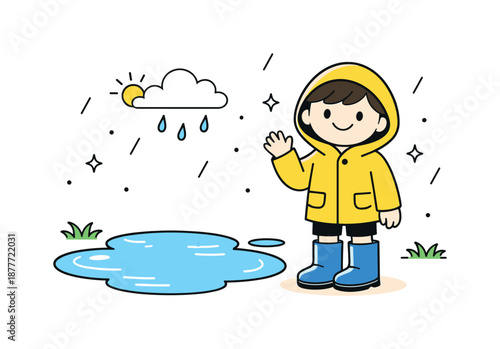 Spring Puddle Joy. Spring Puddles and Rain Boots. Friendly character wearing rain boots, standing beside a puddle under light rain. Warm and optimistic mood