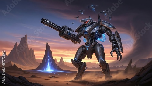 Futuristic Robot Warrior Standing Guard in a Barren Landscape.