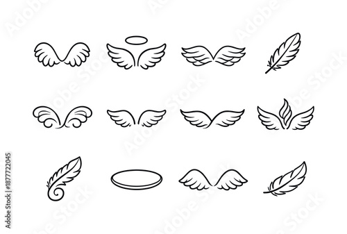 Angel Wing Icons. Angel wings. Line icon set of angel wings: double wing crest, halo floated, wing ripple, feather motif, airy swirl pair, divine accent curve,