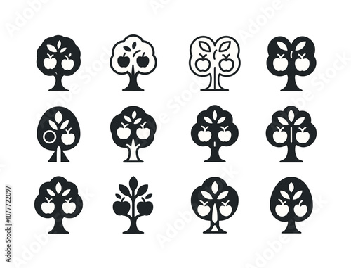 Apple Tree Logo Variations. Apple tree. Icon set. Set Logo of apple tree: fruit-and-leaf motif. harmonious logo variations of the same emblematic concept, each